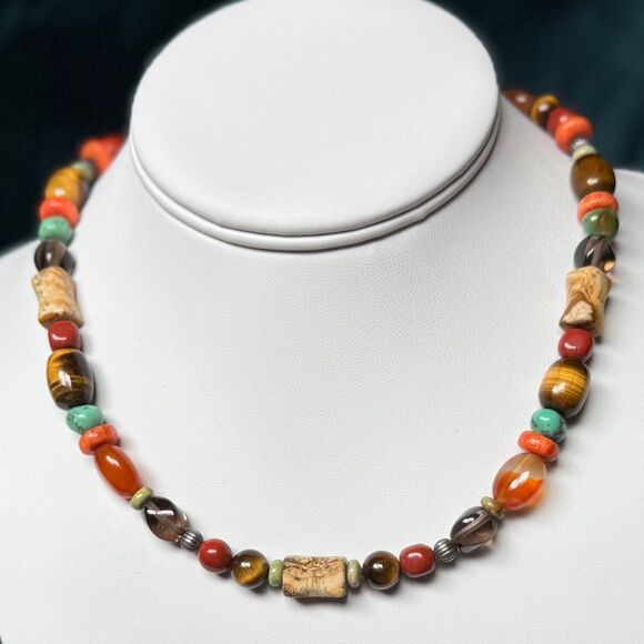 Vintage CAROLYN POLLACK Beaded Gemstone Necklace Sterling Silver 925 Southwest - Picture 12 of 17
